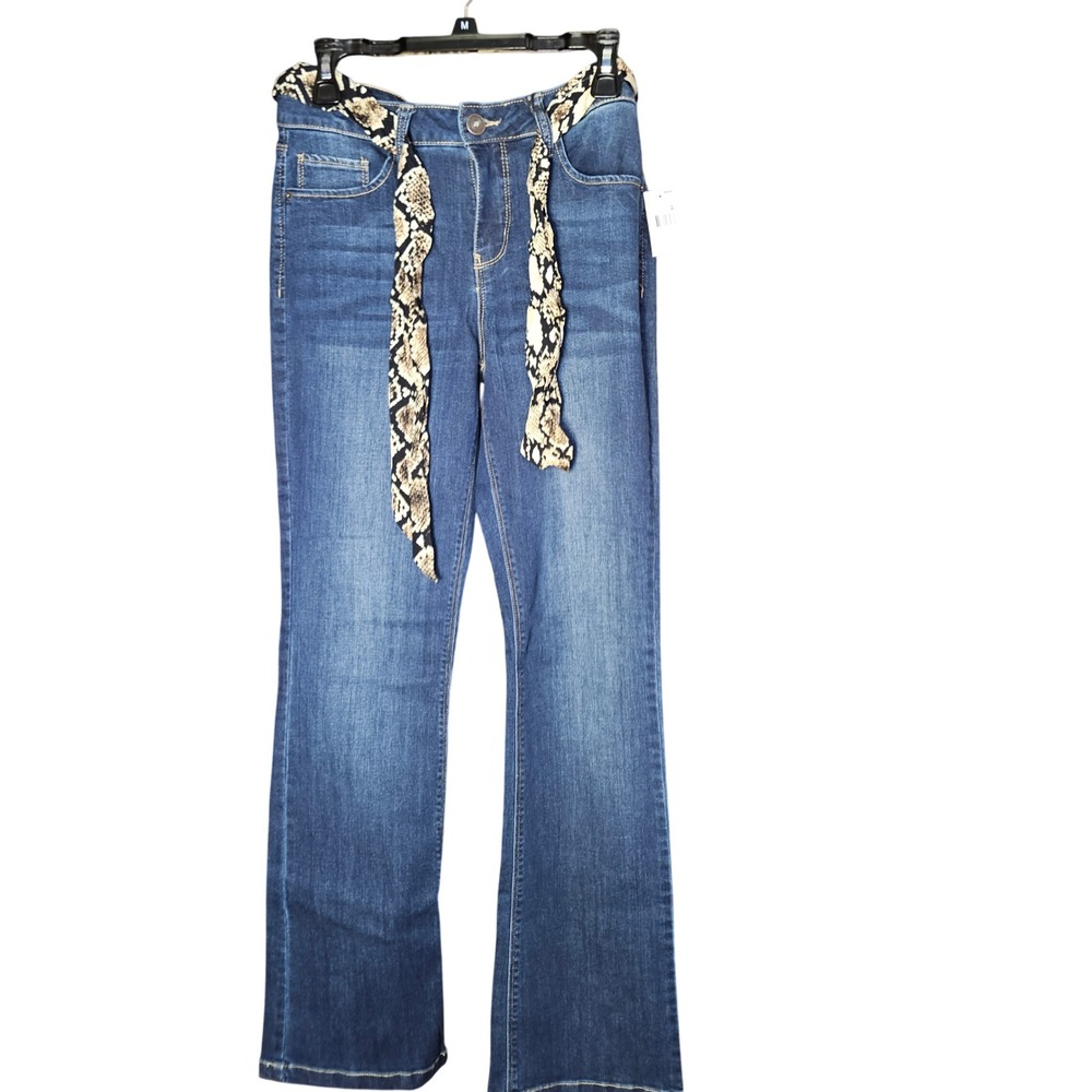 Stitch Star Jeans Womens 8 Mid Rise Bootcut Blue Snakeskin Belted New